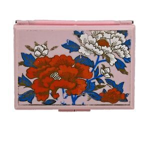 Vintage Celluloid Pink Pocket Vanity Mirror Compact Tissue Holder Asian Floral